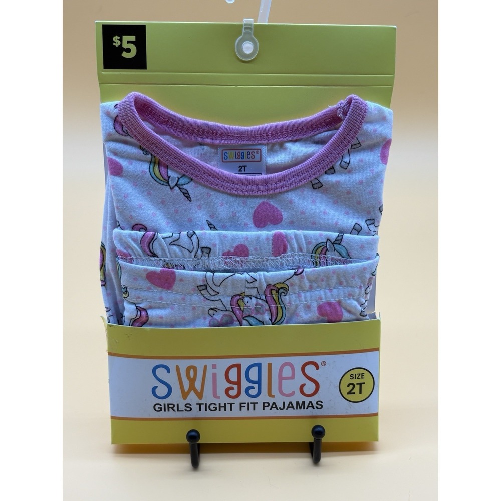 Swiggles Girls Tight Fit Pajamas 2 Piece Set Unicorn Heart Pink White Size 2T
